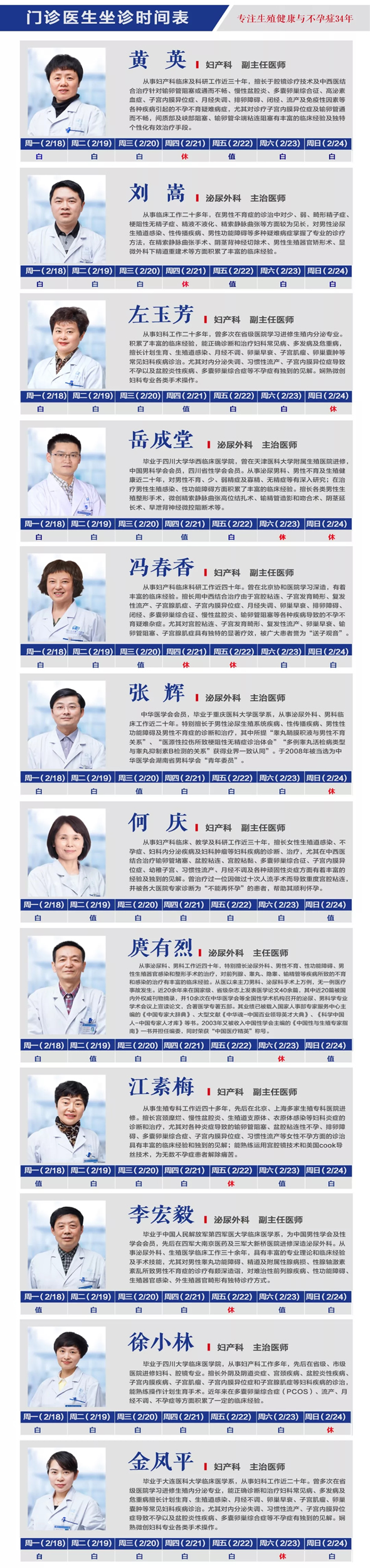 2月18日-2月24日四川省生殖健康研究中心附属生殖专科医院医生排班表