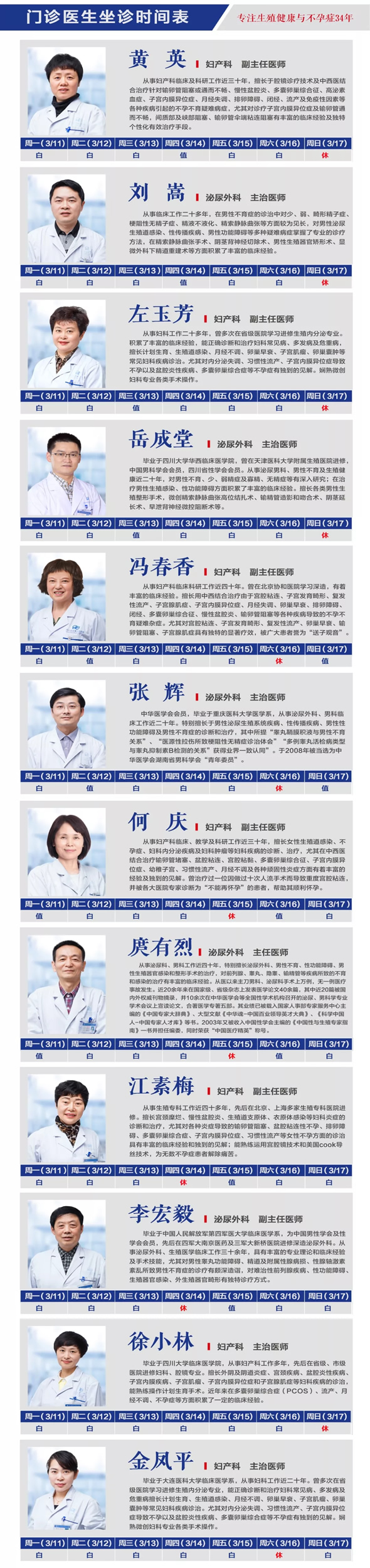 3月11日-17日四川省生殖健康研究中心附属生殖专科医院医生排班表